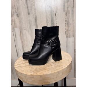 Black Platform Ankle Boots Chunky Block Heel Harness Buckle Womens Size 7
